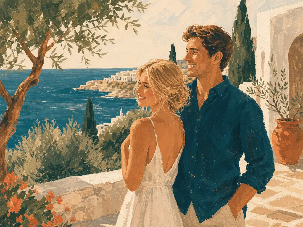 A couple looking out over the Mediterranean from a sunny Cyprus terrace, dreaming up their wedding