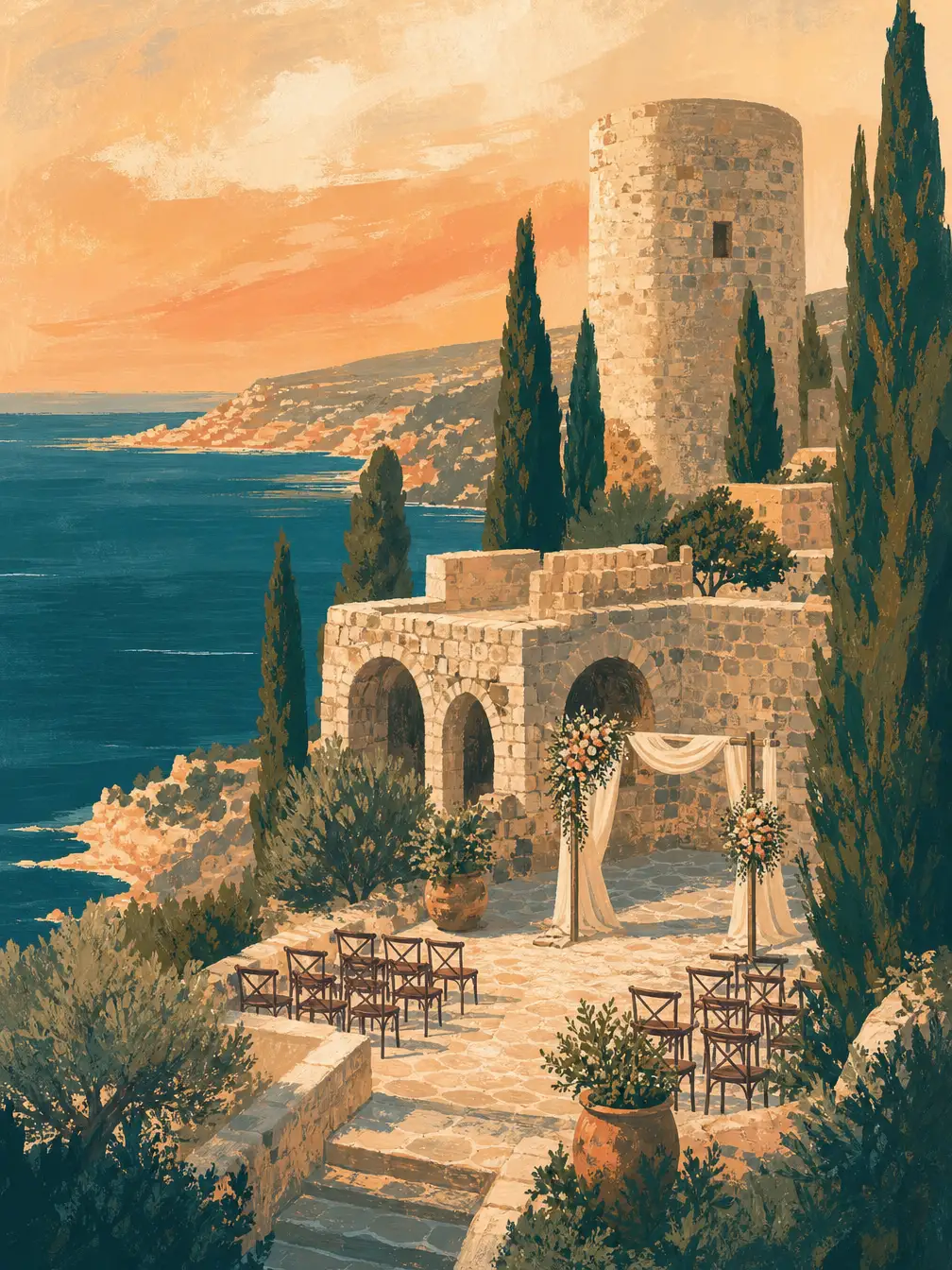 Illustration of a clifftop stone wedding venue in Cyprus